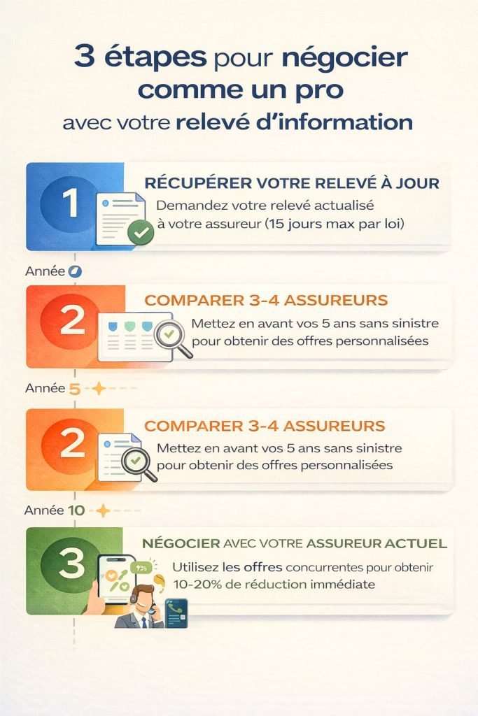 Checklist visuelle en 3 étapes pour négocier efficacement son assurance auto avec un relevé d'information sans sinistre : récupérer le document, comparer les offres, négocier avec son assureur