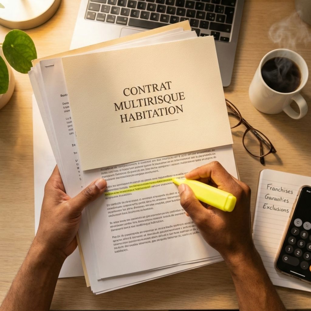 Vue aérienne d'un contrat assurance multirisque habitation avec surligneur et mains en train d'analyser les conditions générales sur bureau moderne