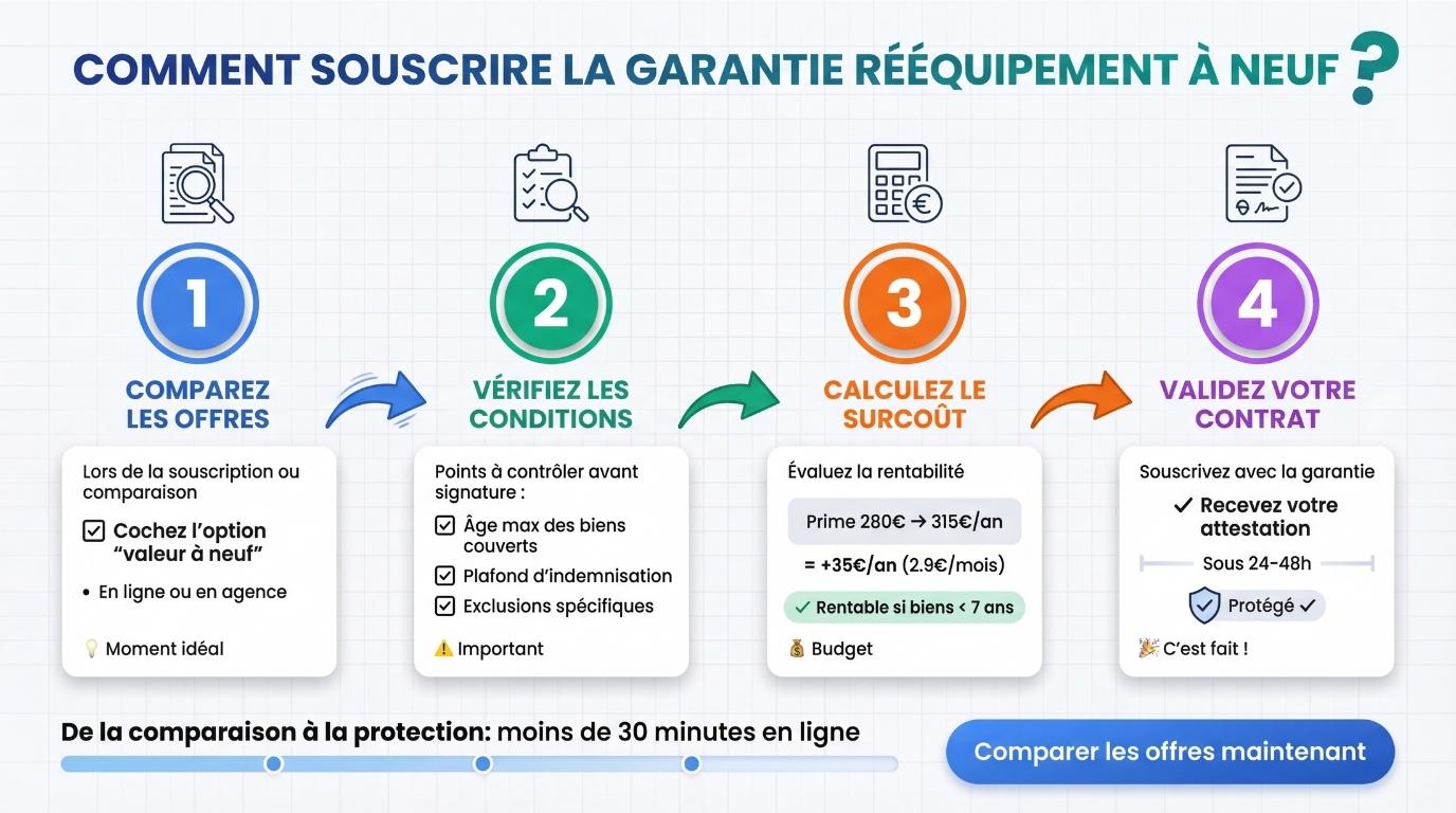 Infographie processus 4 étapes souscrire garantie rééquipement neuf assurance habitation comparer vérifier calculer valider avec délais et points vigilance