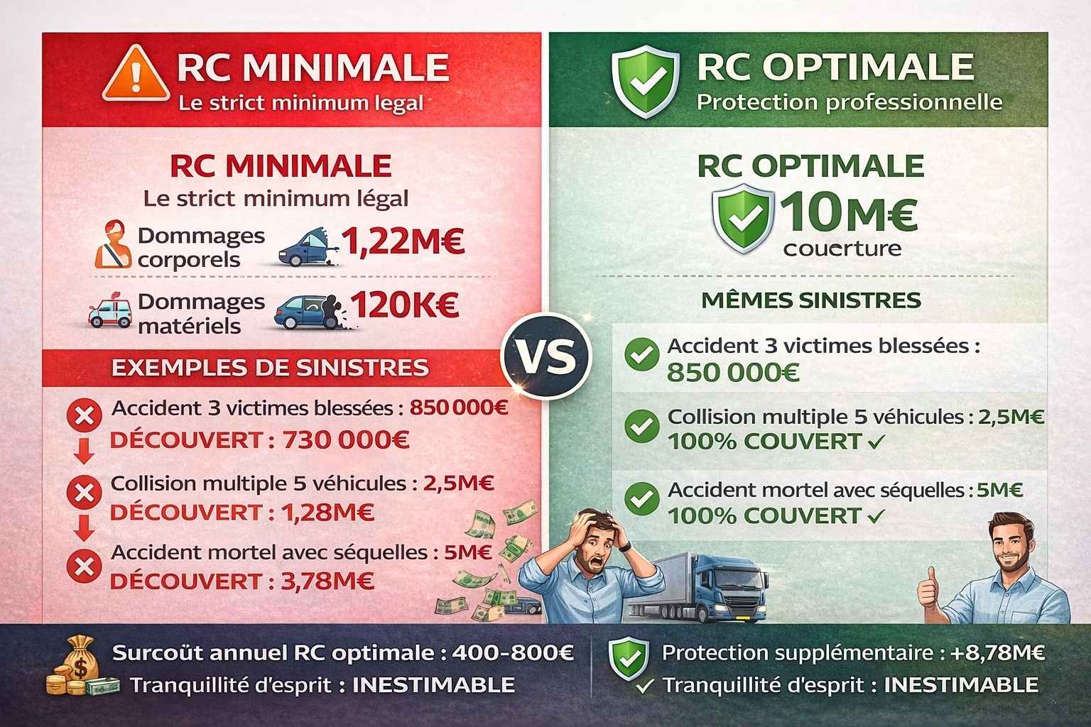  Infographie comparative détaillée montrant les différences de couverture entre une assurance responsabilité civile minimale légale (1,22M€ corporel + 120K€ matériel) et une RC optimale (10M€ globale) pour poids lourds, avec trois exemples concrets de sinistres démontrant des découverts de 730K€ à 3,78M€ avec la couverture minimale contre 100% de prise en charge avec la couverture optimale, pour un surcoût annuel de seulement 400-800€.