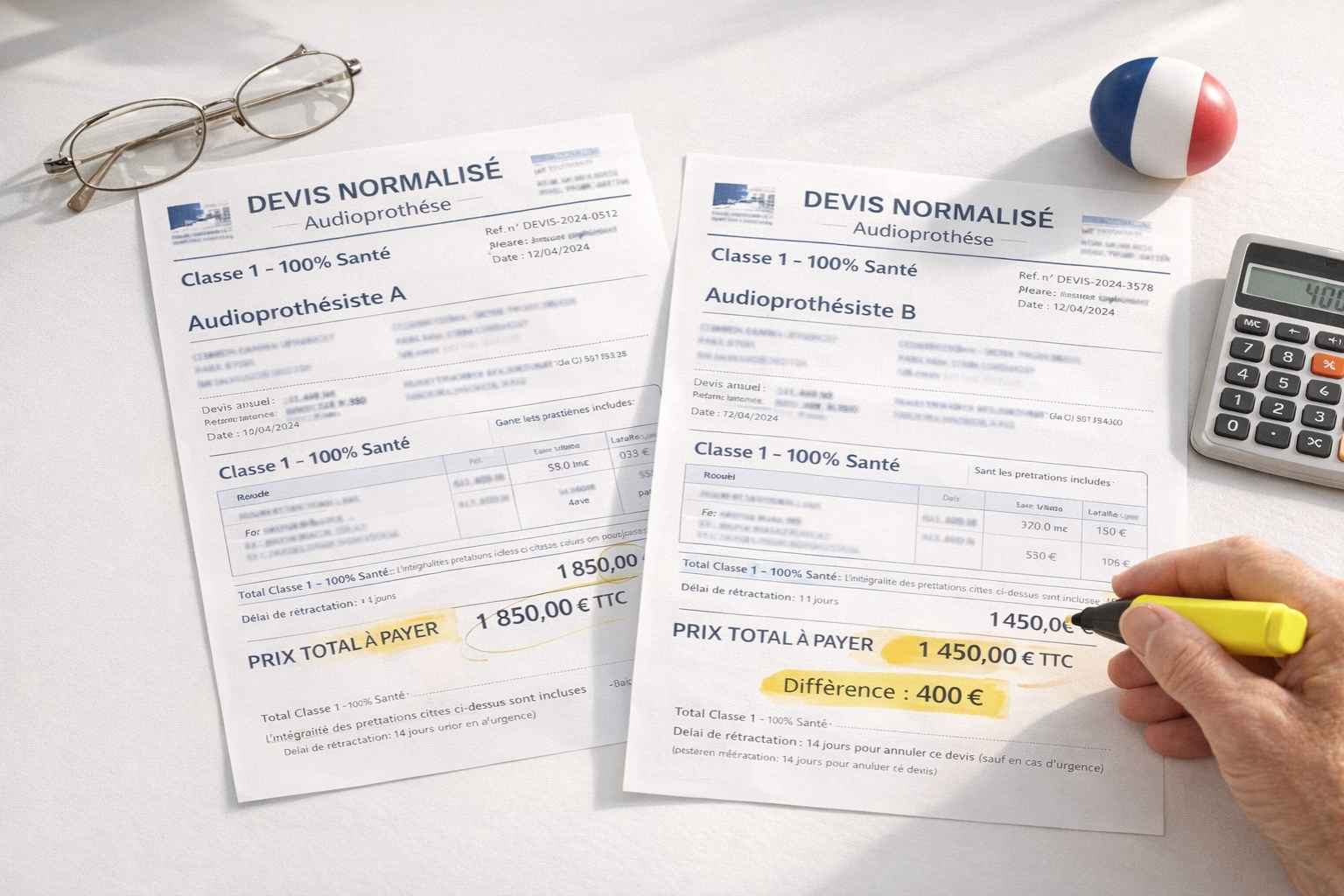 Exemple de devis normalisé d'audioprothésiste montrant une différence de prix de 400 euros entre deux professionnels pour le même appareil auditif