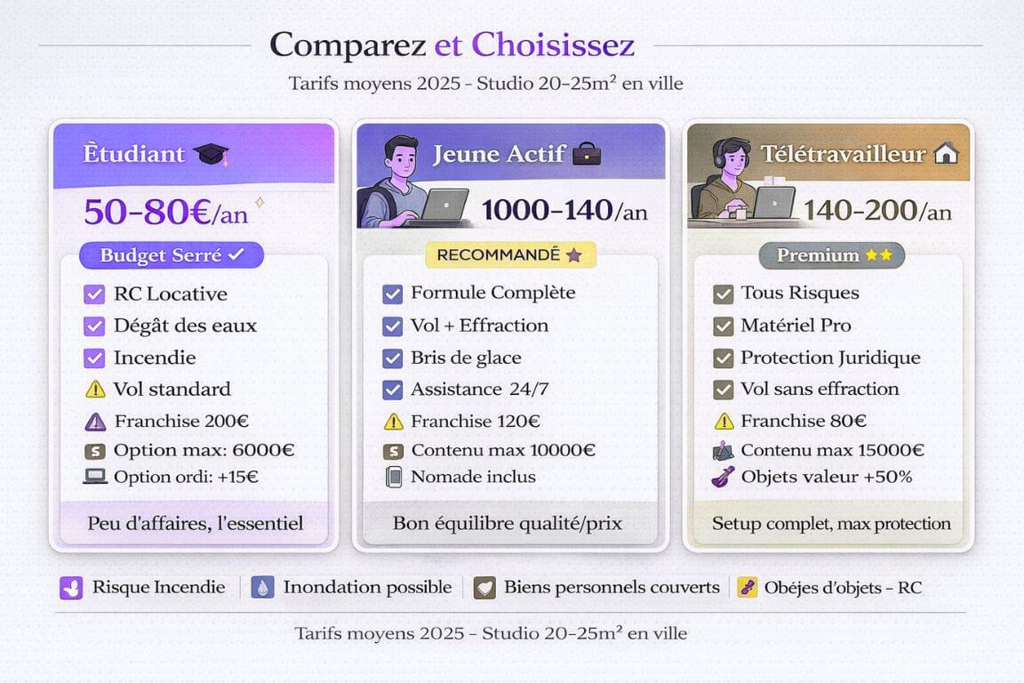 Tableau comparatif moderne de trois formules d'assurance studio adaptées aux profils jeunes locataires avec prix et garanties