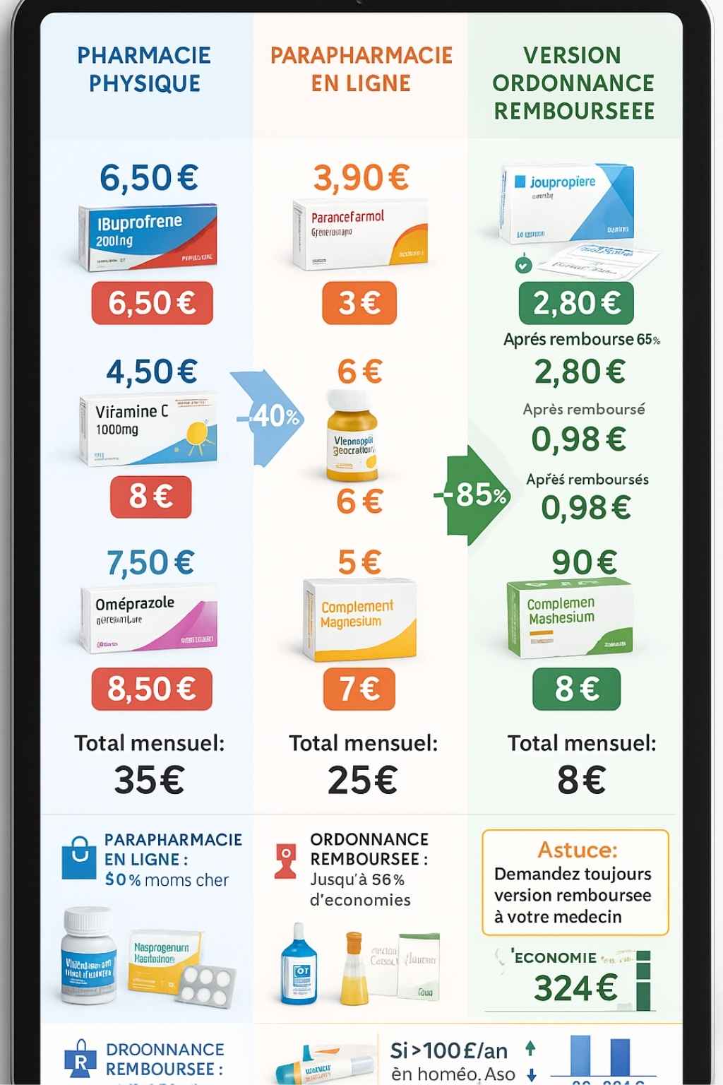 Tableau comparatif prix 5 médicaments courants sur 3 canaux : pharmacie physique 35€, parapharmacie en ligne 25€, version ordonnance remboursée 8€, économie annuelle 324€