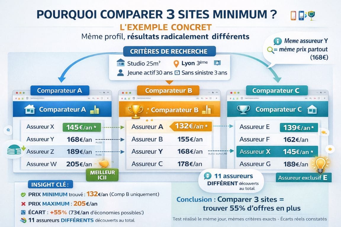  Infographie comparant résultats de trois sites comparateurs d'assurance avec prix différents pour même profil