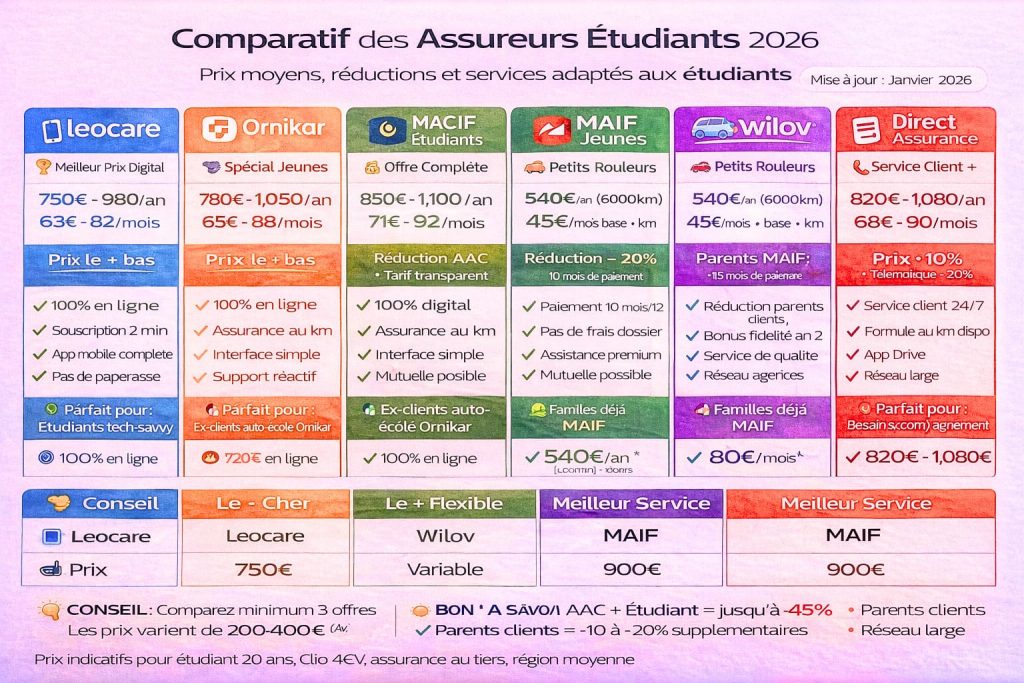 Tableau comparatif 6 assureurs étudiants 2026 : Leocare 750-980€ moins cher, Ornikar 780-1050€ digital, Macif 850-1100€ complète, MAIF 900-1150€ bonus famille, Wilov 540€ au kilomètre, Direct Assurance 820-1080€ service client