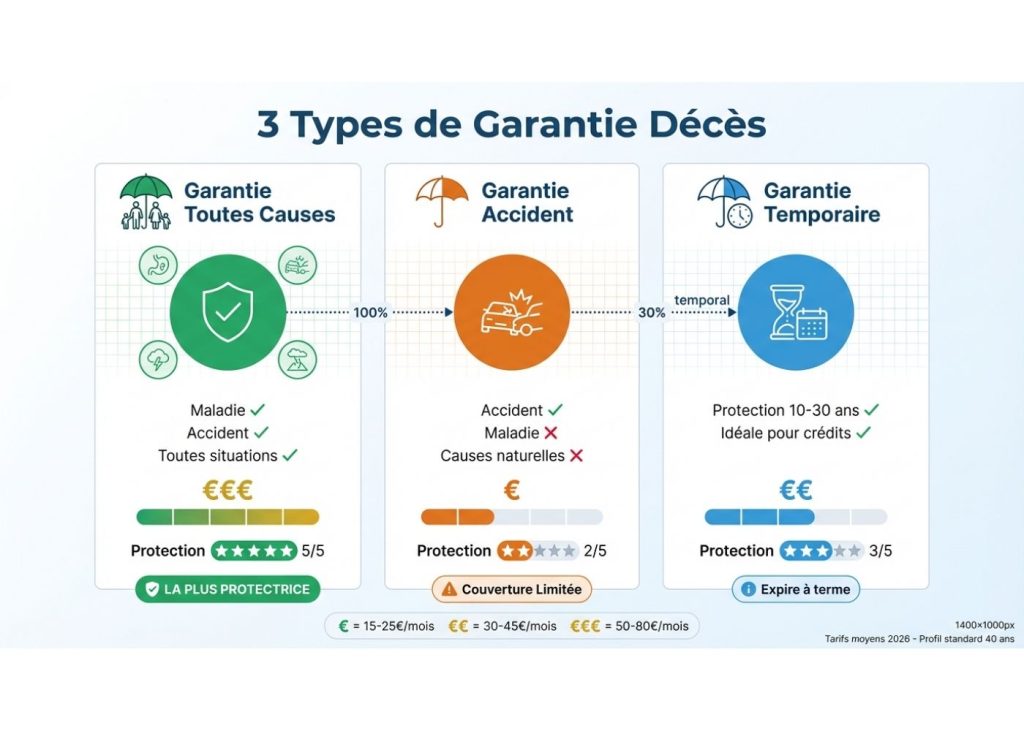 Infographie comparative des trois types de garantie décès : toutes causes, accident uniquement et temporaire avec prix et niveaux de protection