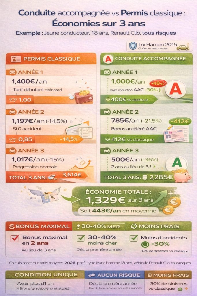 Infographie comparant coûts assurance auto sur 3 ans : permis classique 3614€ total vs conduite accompagnée 2285€ total, économie de 1329€ avec bonus maximal atteint en 2 ans au lieu de 3