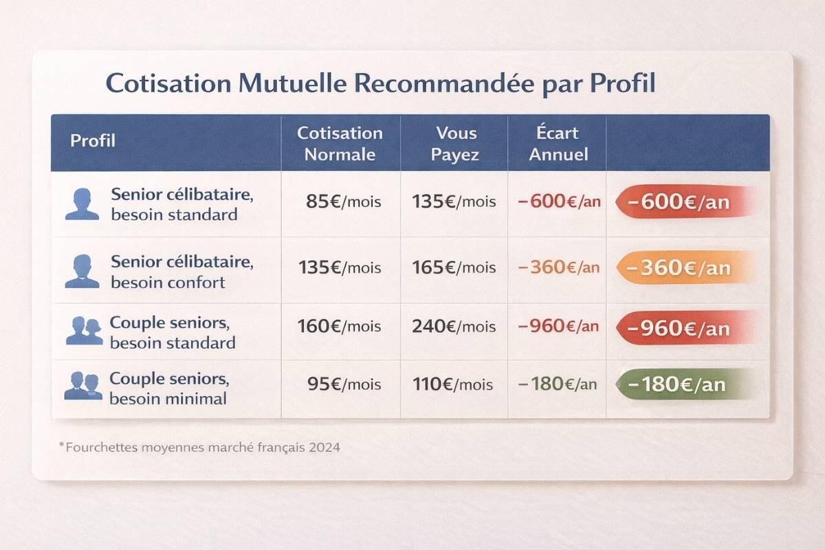Tableau comparatif des cotisations mutuelle santé recommandées versus réellement payées selon 4 profils de seniors avec calcul de l'écart annuel en euros