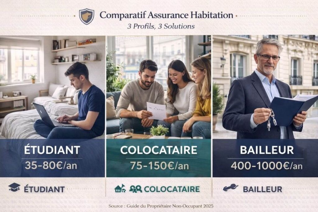 Comparaison visuelle de trois profils d'assurés habitation : étudiant en studio, colocataires et propriétaire bailleur avec tarifs