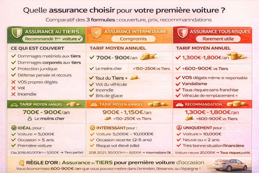 Tableau comparatif trois formules assurance auto première voiture : tiers 700-900€ recommandé occasion, intermédiaire 900-1150€ compromis, tous risques 1300-1800€ rarement utile jeunes avec couvertures tarifs rentabilité