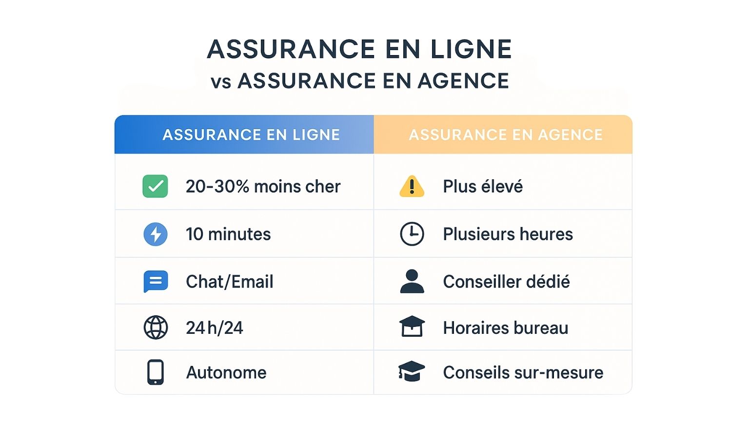 Tableau comparatif détaillé assurance habitation en ligne versus agence sur critères prix rapidité accompagnement disponibilité