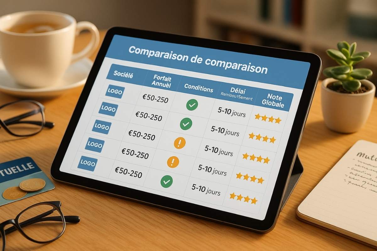 Tableau comparatif sur tablette des 5 meilleures mutuelles seniors pour remboursement compléments alimentaires avec forfaits annuels de 50 à 250 euros
