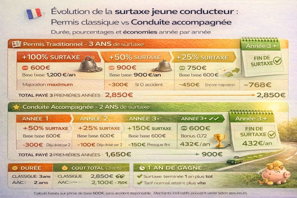 Timeline comparative surtaxe jeune conducteur : permis classique 3 ans majoration 100%-50%-25% total 2850€ versus conduite accompagnée 2 ans majoration 50%-25% total 1650€ économie 900€ sur 3 ans