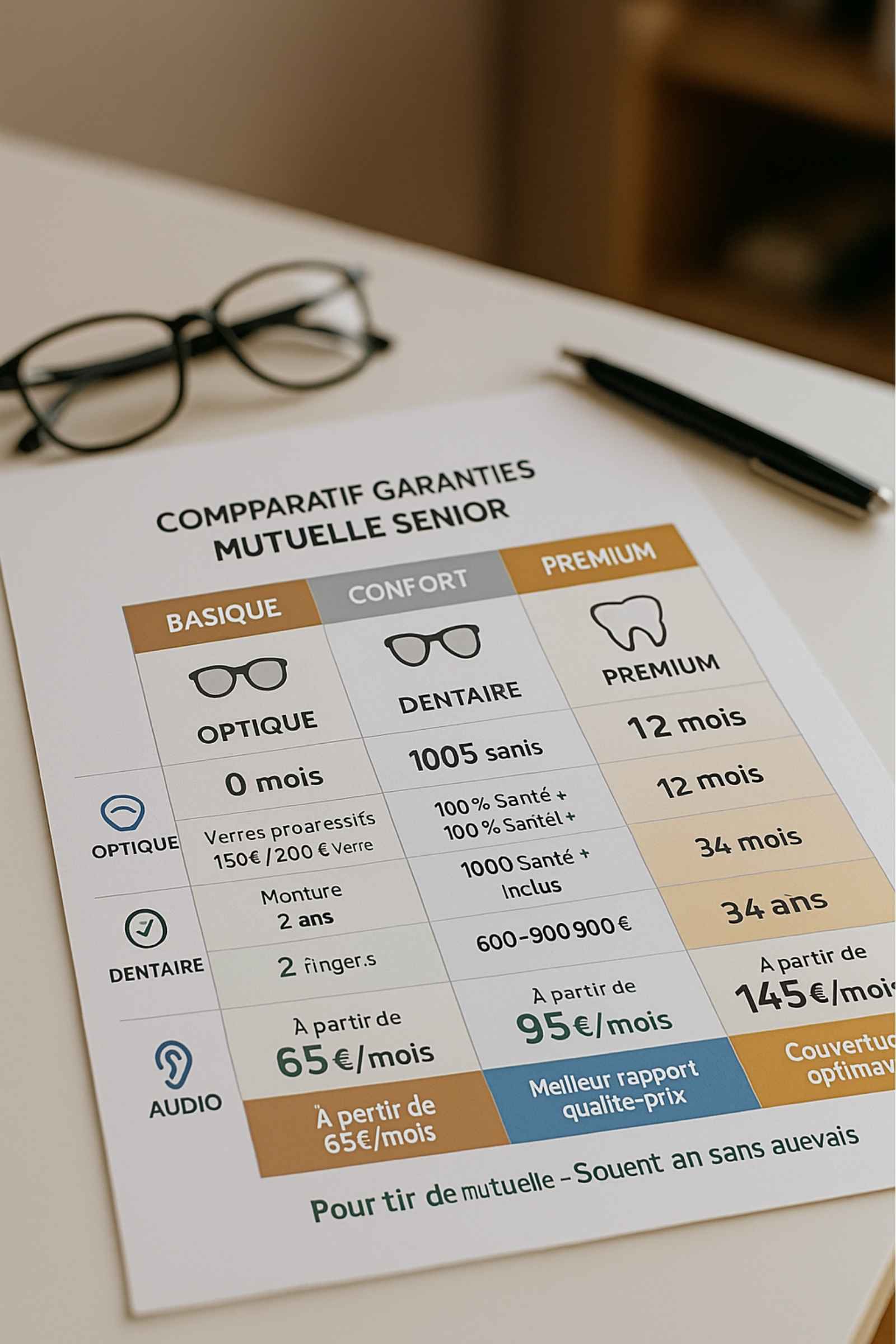 Tableau comparatif trois niveaux de garanties mutuelle senior : Basique, Confort et Premium avec tarifs
