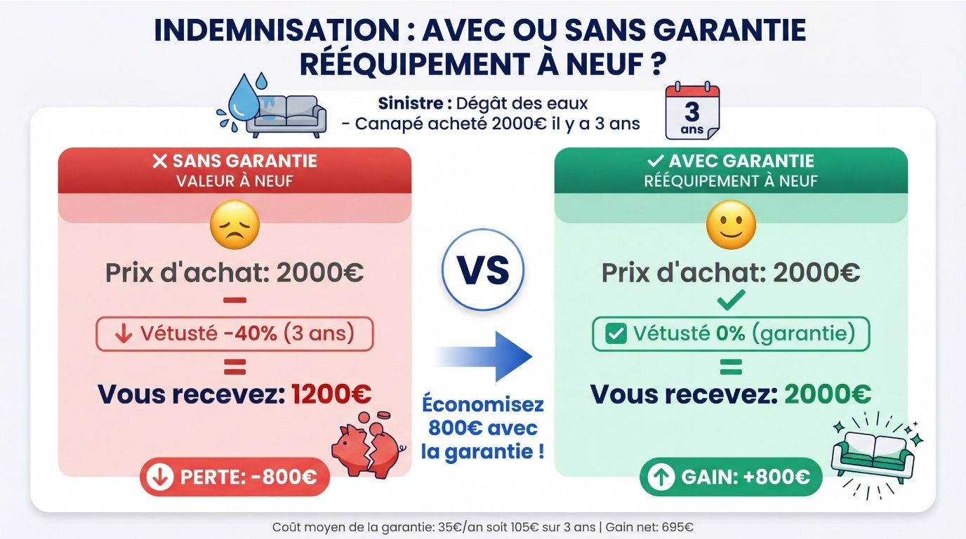 Illustration comparaison indemnisation assurance habitation canapé 2000 euros avec sans garantie rééquipement neuf montrant perte 800 euros vétusté versus remboursement intégral