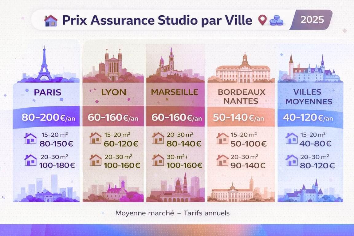 Infographie colorée comparant prix assurance studio dans grandes villes françaises pour jeunes locataires