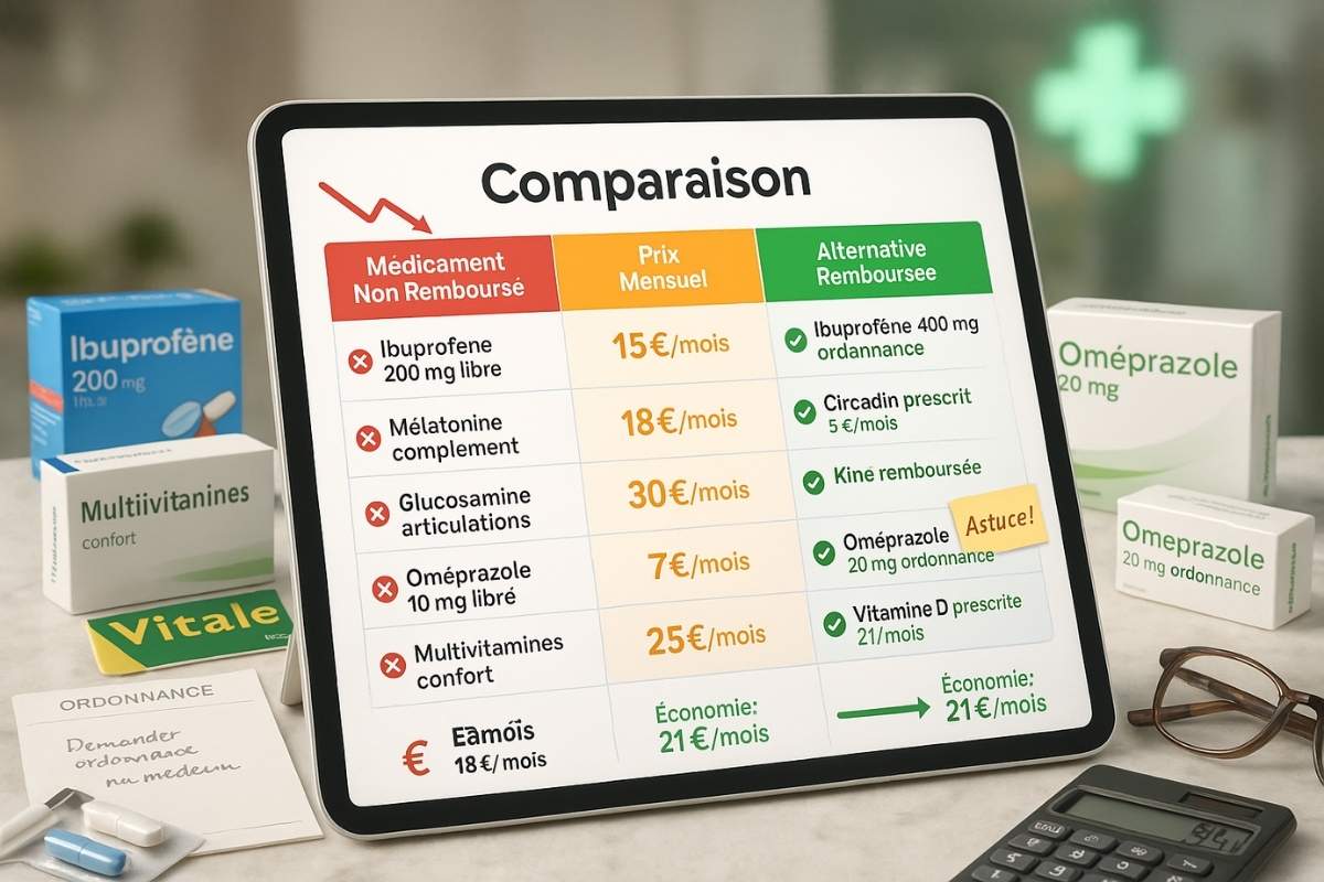 Tableau comparatif détaillé sur tablette montrant prix médicaments non remboursés versus alternatives remboursées avec économies mensuelles réalisées en France