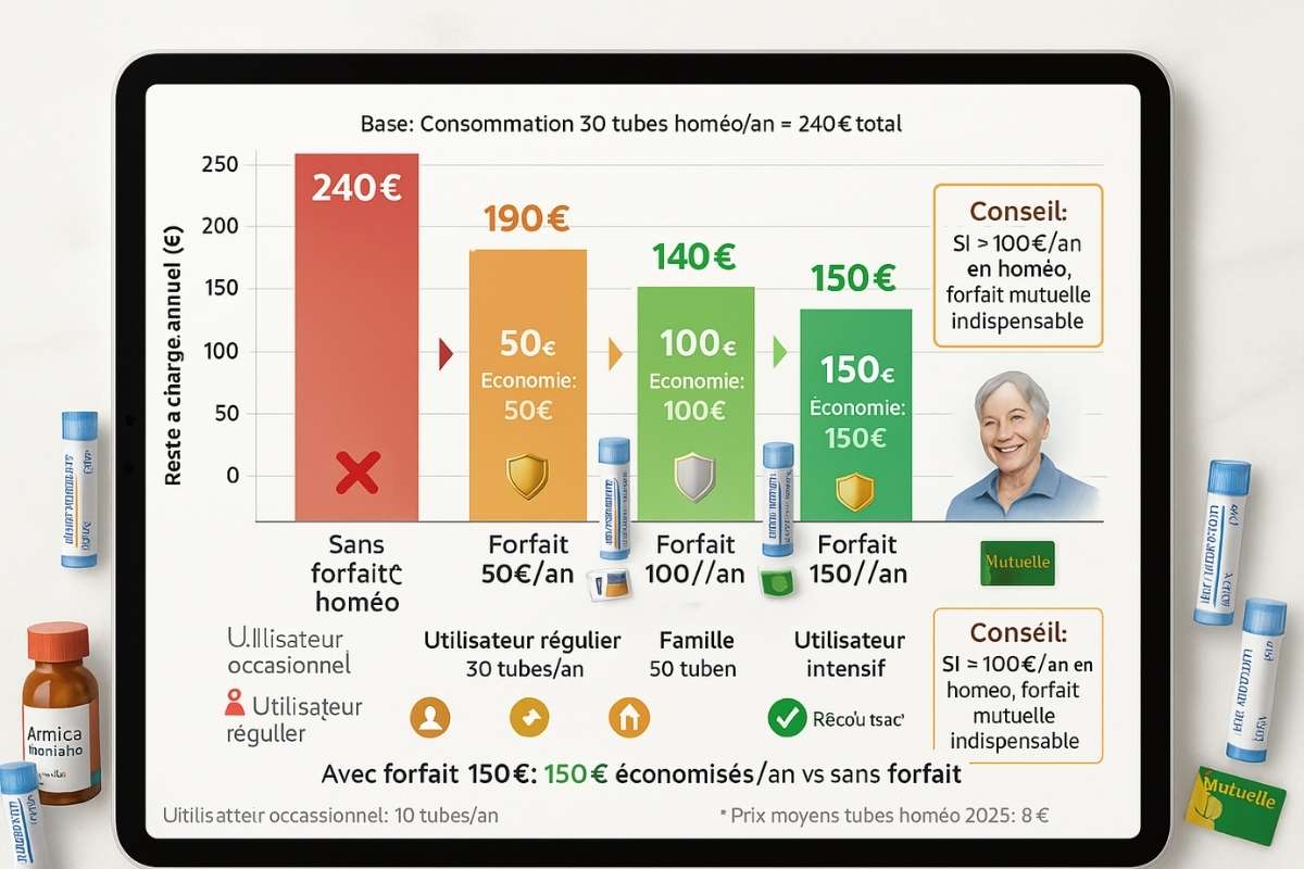 Graphique barres comparant reste à charge annuel homéopathie selon 4 types mutuelles françaises : sans forfait 240€, forfait 50€ donne 190€, forfait 100€ donne 140€, forfait 150€ donne 90€
