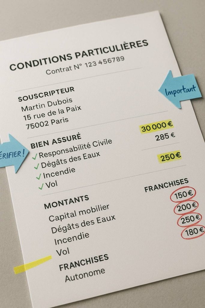 Page conditions particulières contrat assurance habitation annotée avec surligneurs montrant garanties franchises et montants à vérifier