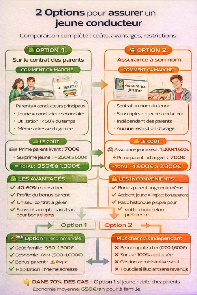 Schéma comparatif deux options assurance jeune conducteur : conducteur secondaire parents 950-1300€ économie 500-1000€ versus assurance individuelle 1200-1600€ avec avantages inconvénients conditions chaque option