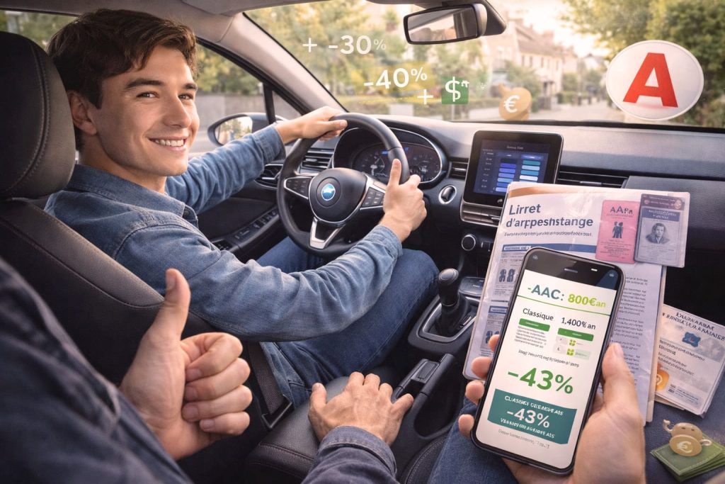 Jeune conducteur souriant au volant avec accompagnateur, smartphone affichant économies assurance auto conduite accompagnée 800€ vs 1400€, sticker A visible, livret d'apprentissage sur tableau de bord