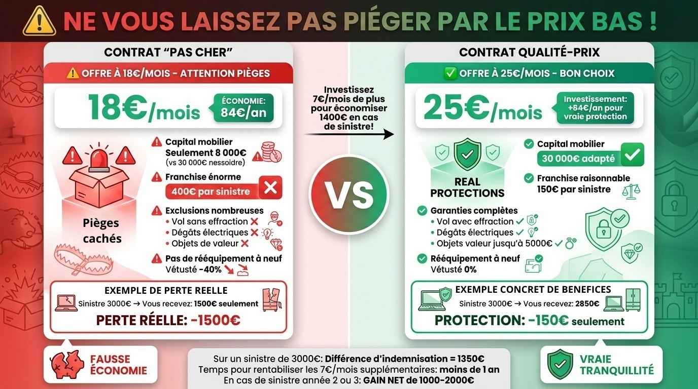 Infographie comparaison contrat assurance pas cher 18 euros avec pièges franchise élevée exclusions versus contrat qualité-prix 25 euros garanties complètes protection réelle