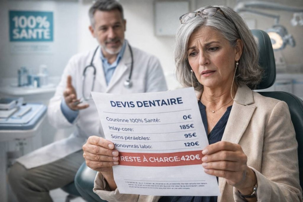 Femme senior surprise lisant devis dentaire couronne 100% Santé avec reste à charge 420 euros frais cachés cabinet dentiste France