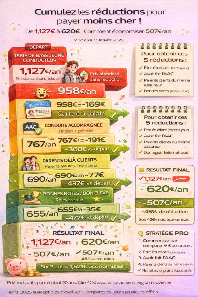 Cumuler 5 réductions étudiantes : de 1,127€ à 620€ (-45%)