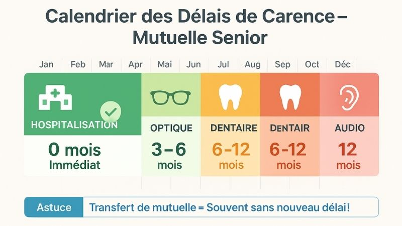 Calendrier infographique des délais de carence mutuelle senior par type de soin avec code couleur