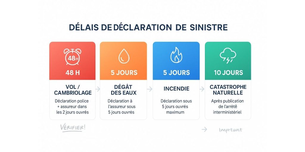 Infographie délais légaux déclaration sinistre assurance habitation vol dégât des eaux incendie catastrophe naturelle