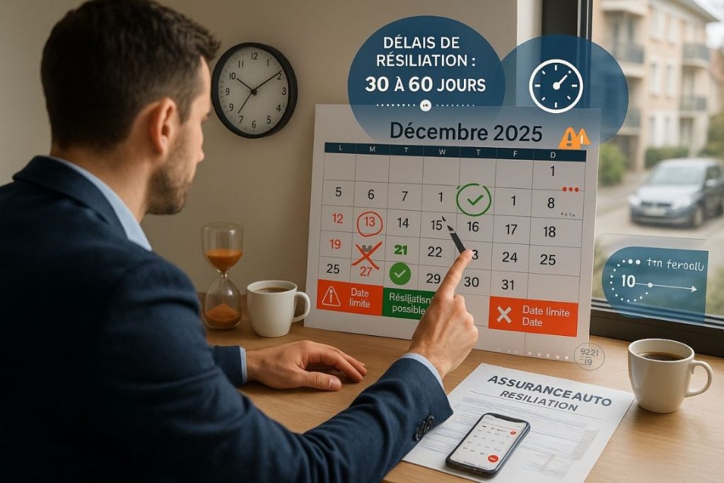 Professionnel consultant un calendrier avec dates de résiliation d'assurance auto entourées, documents sur le bureau et horloge en arrière-plan illustrant les délais d'attente de 30 à 60 jours pour changer d'assureur en France