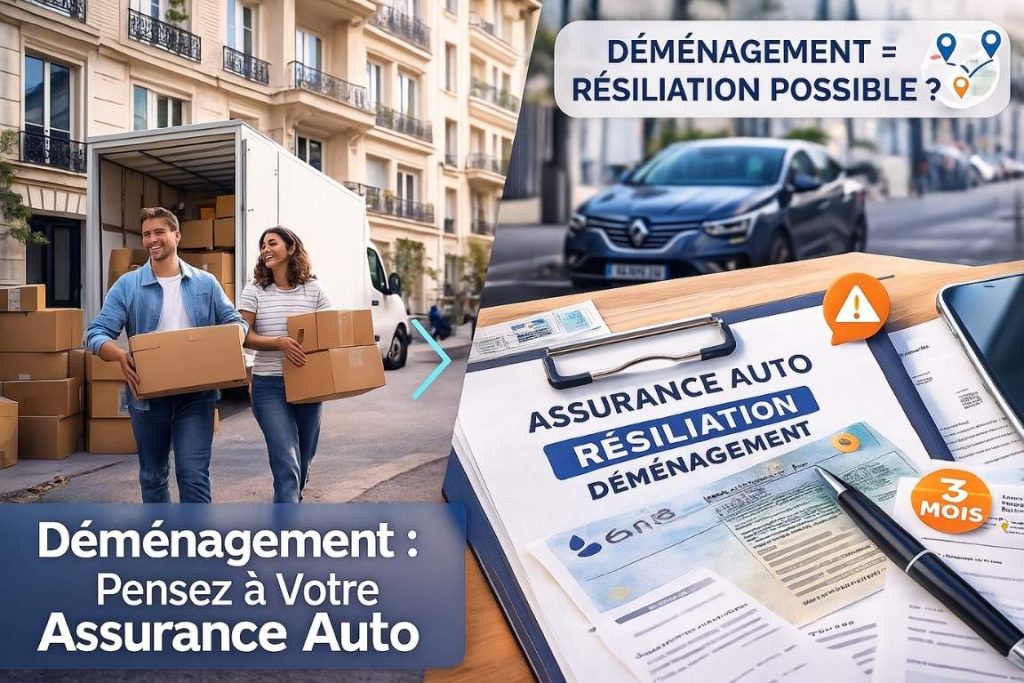 Scène de déménagement avec camion, cartons et documents d'assurance automobile à résilier, illustrant les démarches administratives lors d'un changement d'adresse en France