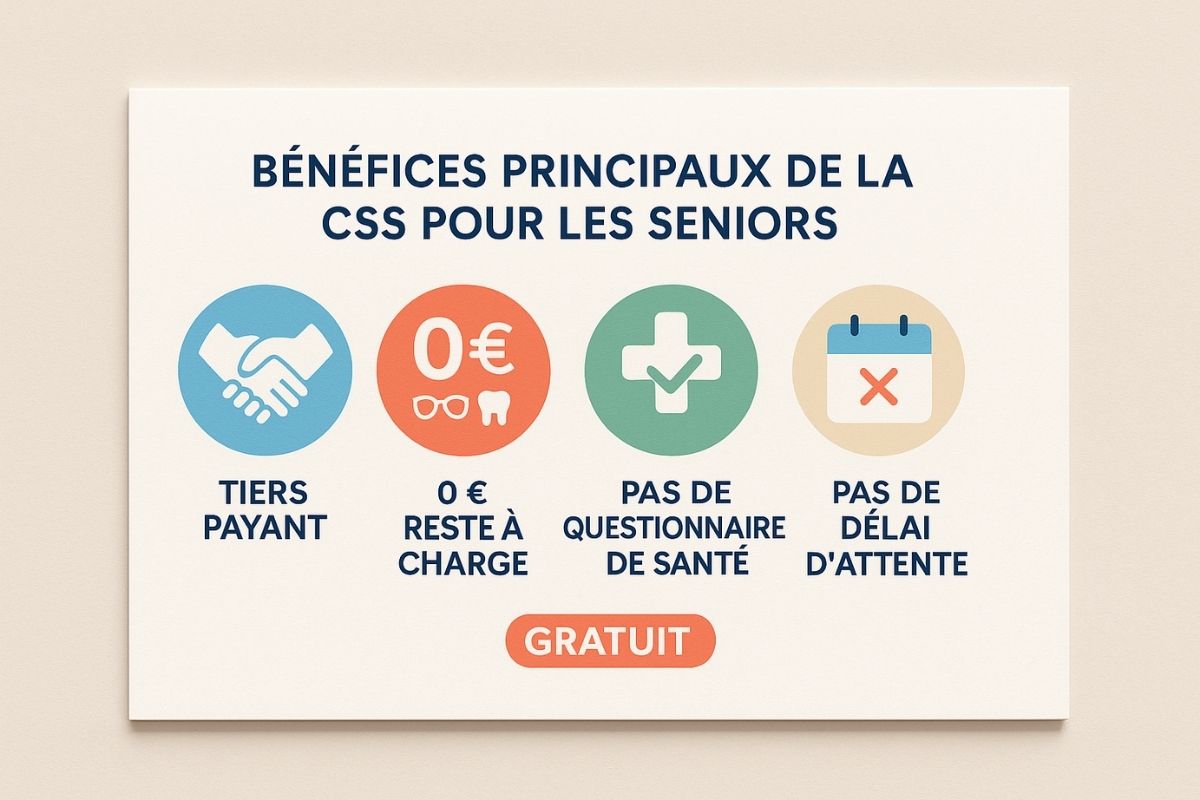  Infographie illustrant les 5 principaux avantages de la CSS pour seniors : tiers payant, zéro reste à charge, gratuité, sans questionnaire santé et sans délai de carence