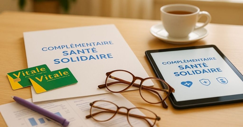 Dossier Complémentaire Santé Solidaire avec cartes Vitale, tablette et tasse de thé posés sur une table en bois dans une cuisine lumineuse