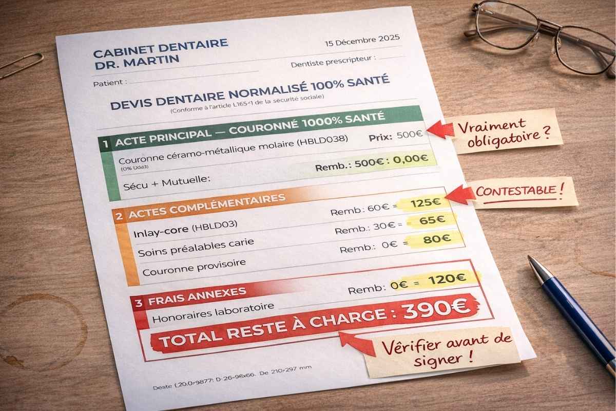 Exemple devis dentaire normalisé 100% Santé annoté frais cachés inlay-core soins préalables honoraires laboratoire reste à charge France