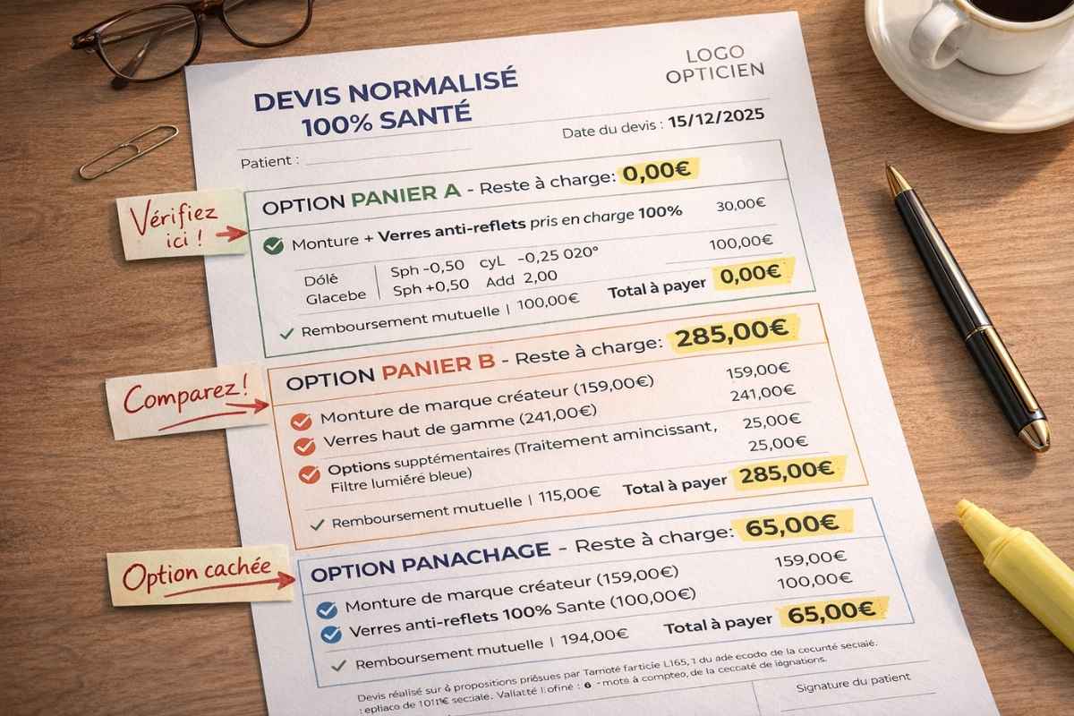 Exemple devis normalisé lunettes 100% Santé panier A panier B panachage reste à charge annoté France