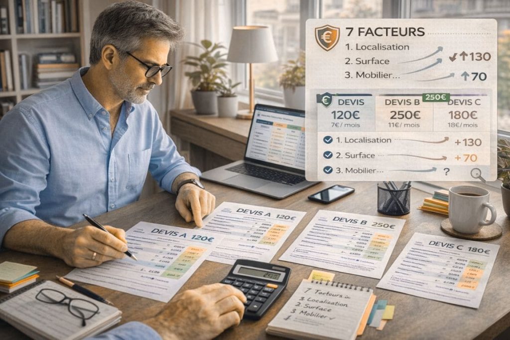 Personne analysant trois devis d'assurance habitation différents sur bureau avec calculatrice et notes comparatives