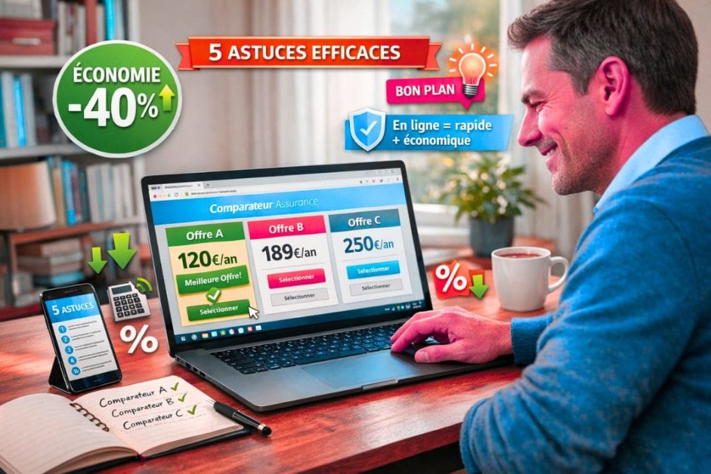 Personne satisfaite comparant trois devis d'assurance habitation en ligne sur ordinateur avec économies visibles