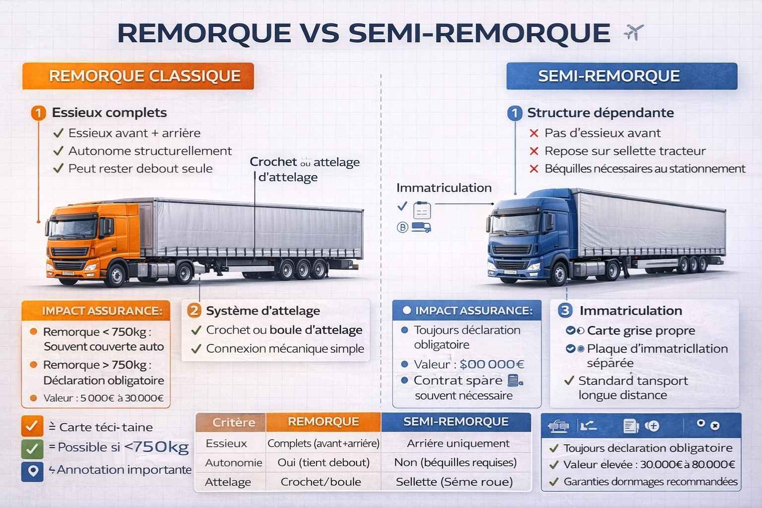 Schéma technique comparatif professionnel montrant côte à côte les différences entre remorque classique et semi-remorque pour poids lourds : partie gauche illustre remorque orange avec camion porteur, possédant essieux complets avant et arrière donc autonome structurellement pouvant rester debout seule, système attelage à crochet ou boule, carte grise propre immatriculation séparée, utilisable avec différents tracteurs interchangeable facilement, encadré assurance orange indiquant remorque inférieure 750kg souvent couverte automatiquement supérieure 750kg déclaration obligatoire valeur 5000 à 30000 euros mention spécifique recommandée ; partie droite illustre semi-remorque bleue avec semi-tracteur, sans essieux avant reposant sur sellette tracteur via 5ème roue nécessitant béquilles stationnement uniquement essieux arrière, carte grise propre immatriculation séparée, tracteur routier équipé sellette requis standard transport longue distance, encadré assurance bleu indiquant toujours déclaration obligatoire valeur élevée 30000 à 80000 euros contrat séparé souvent nécessaire garanties dommages recommandées ; bandeau comparatif bas tableau synthétique critères essieux autonomie attelage flexibilité valeur couverture automatique assurance séparée ; légende symboles coche caractéristique présente croix absente losanges orange bleu points attention assurance repères annotations importantes ; style schéma technique ingénierie lignes épurées précises flèches annotations encadrés colorés bordures proportions cohérentes tableau lisible.