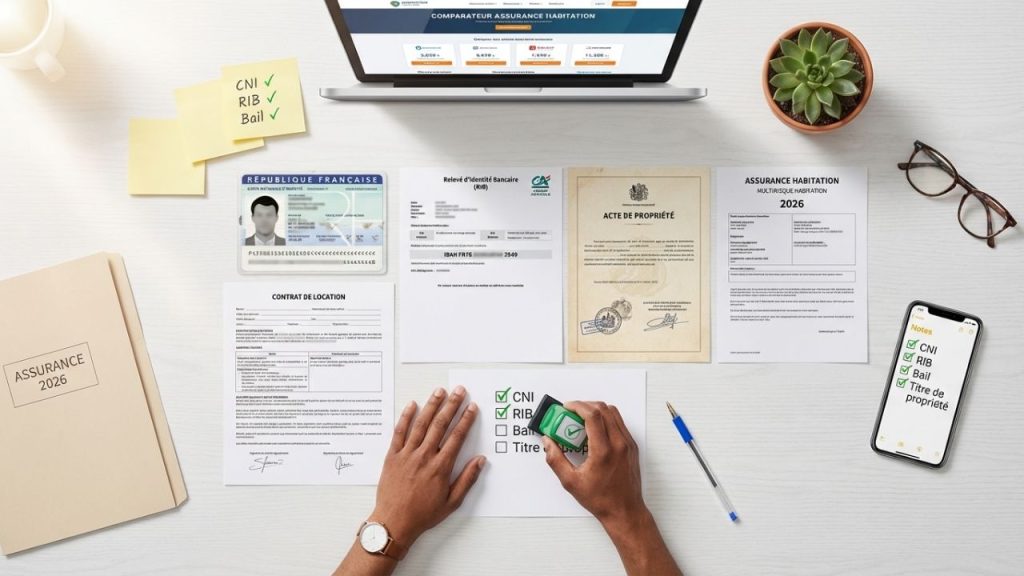 Vue aérienne documents organisés pour souscription assurance habitation carte identité bail location RIB checklist validation sur bureau moderne
