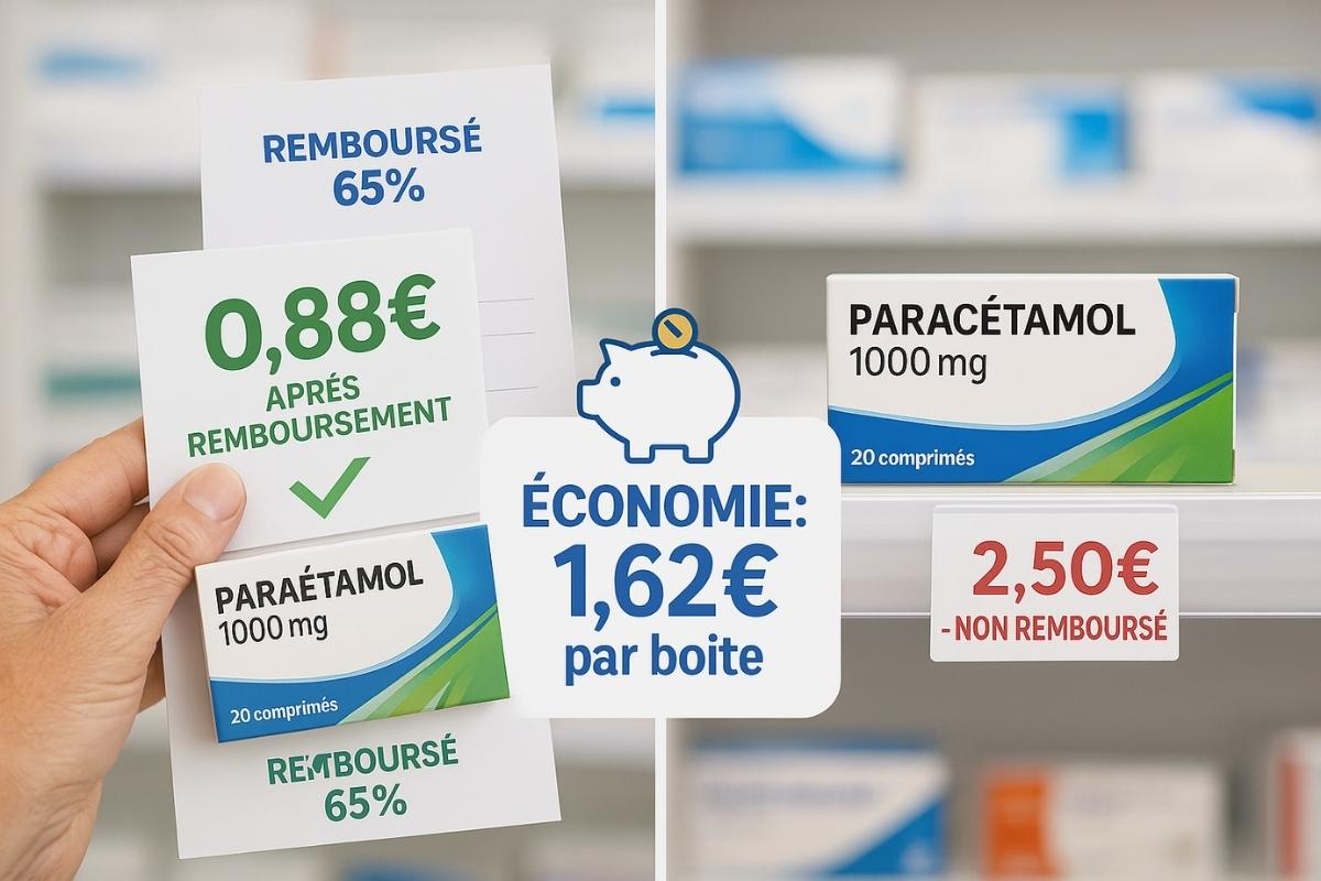 Comparaison visuelle du coût du paracétamol générique avec ordonnance remboursée versus achat en libre-service montrant une économie de 1,62€