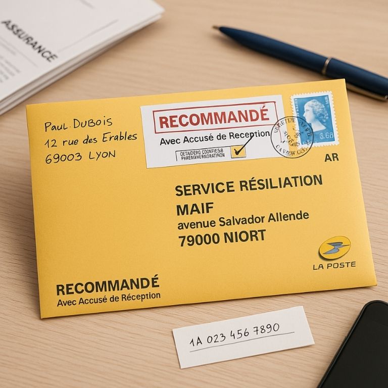 Photographie d'une enveloppe jaune La Poste au format recommandé avec accusé de réception correctement adressée, montrant l'expéditeur en haut à gauche, le destinataire au centre, le label RECOMMANDÉ, le code-barres de suivi et le timbre postal français