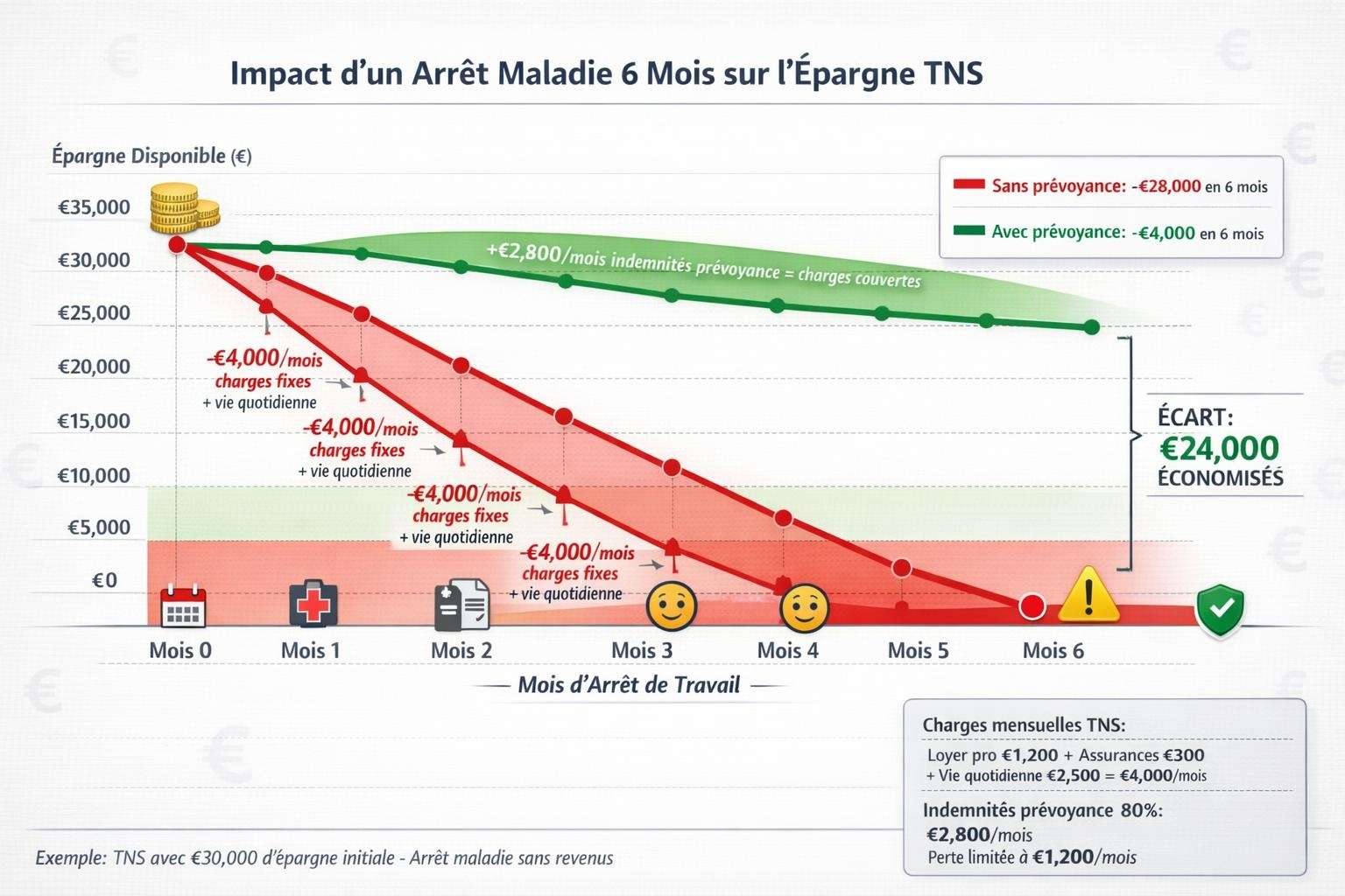 Graphique à double courbe comparant la fonte de l'épargne d'un TNS en arrêt de travail 6 mois avec et sans prévoyance complémentaire