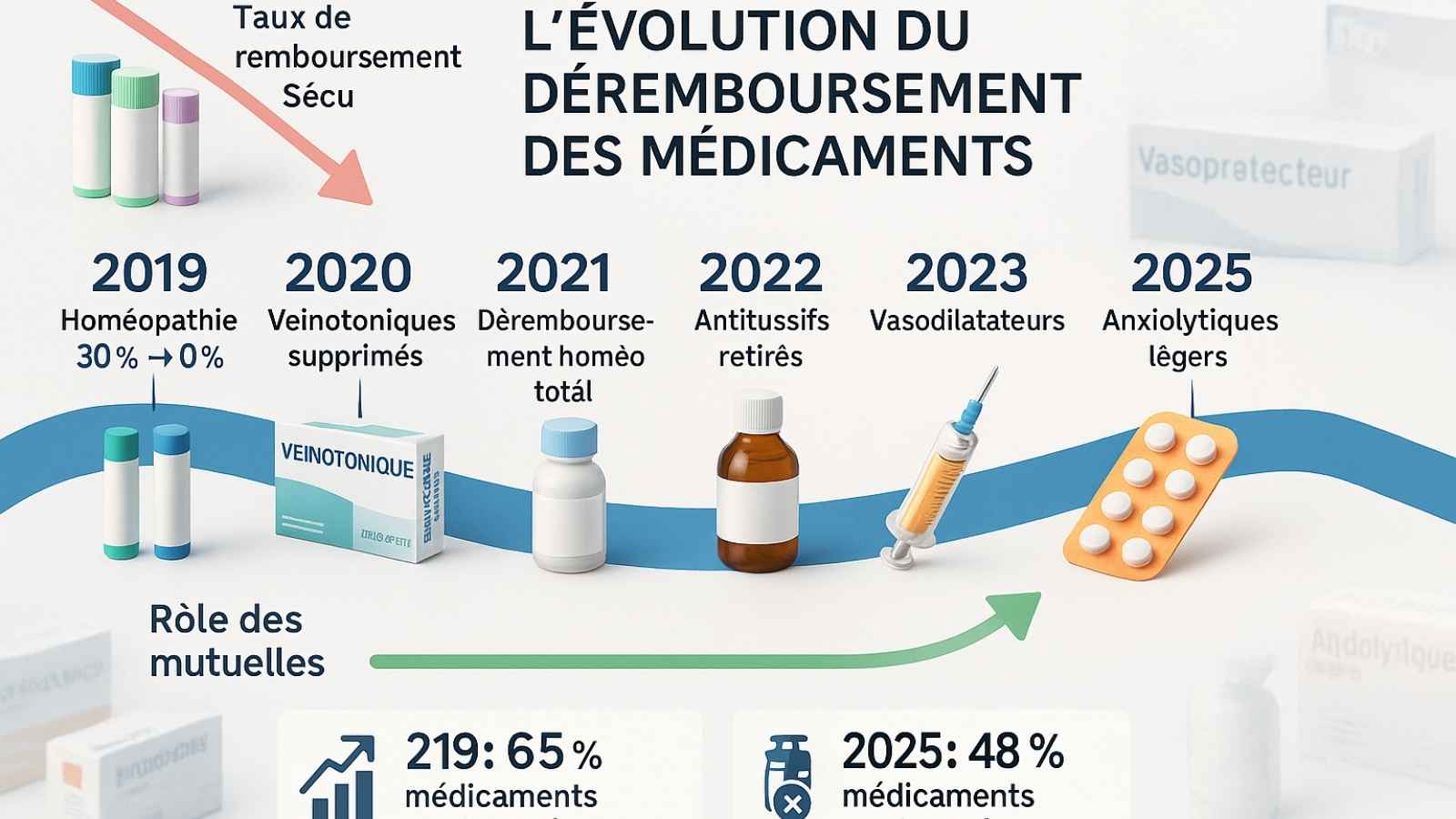 Chronologie infographique 2019-2025 montrant progression déremboursements médicaments Sécurité Sociale française : homéopathie, veinotoniques, antitussifs, anxiolytiques