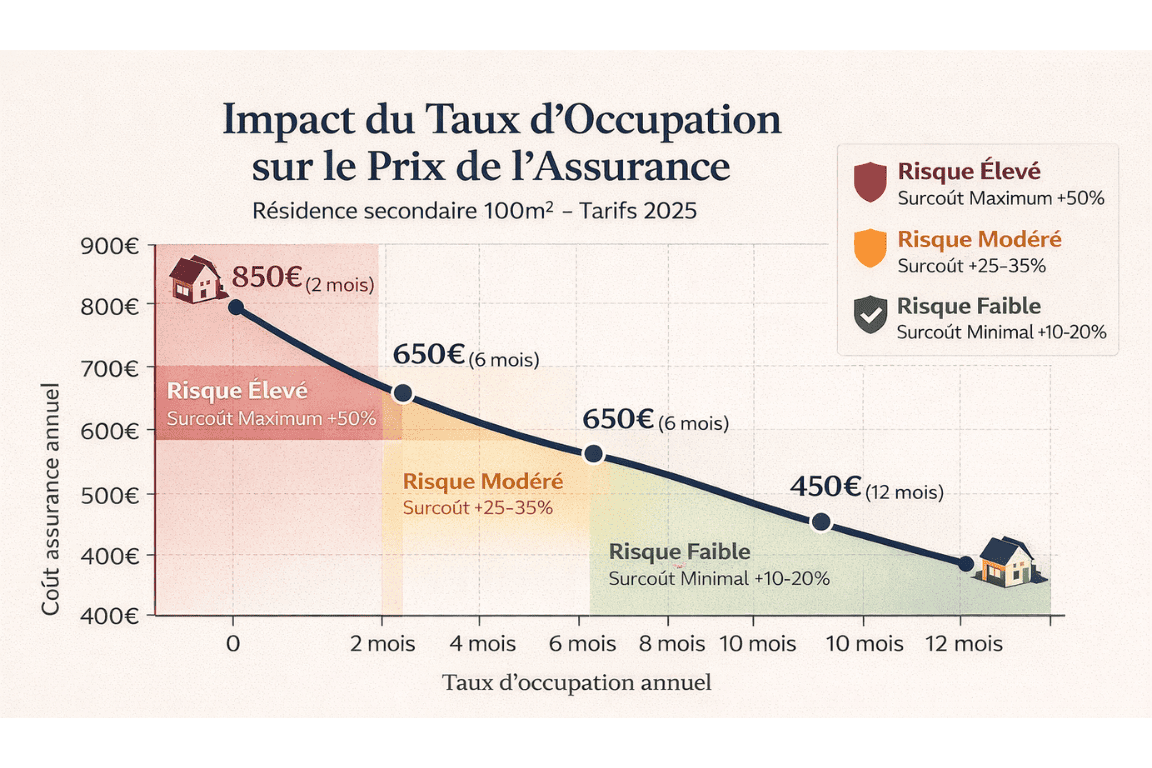 Graphique linéaire montrant la diminution du coût d'assurance en fonction de l'augmentation du taux d'occupation annuel de la résidence secondaire