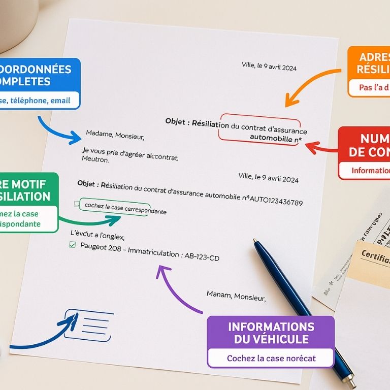 Photo en vue de dessus d'une lettre de résiliation d'assurance automobile française complétée avec annotations colorées et flèches explicatives indiquant où placer les coordonnées, le numéro de contrat, le motif de résiliation, les informations du véhicule et la signature