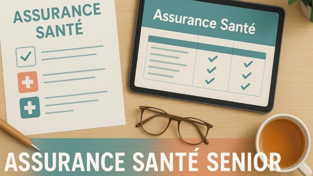 Couple de seniors souriants consultant ensemble une checklist de mutuelle santé sur une table, avec documents organisés et tablette, dans un intérieur chaleureux et lumineux