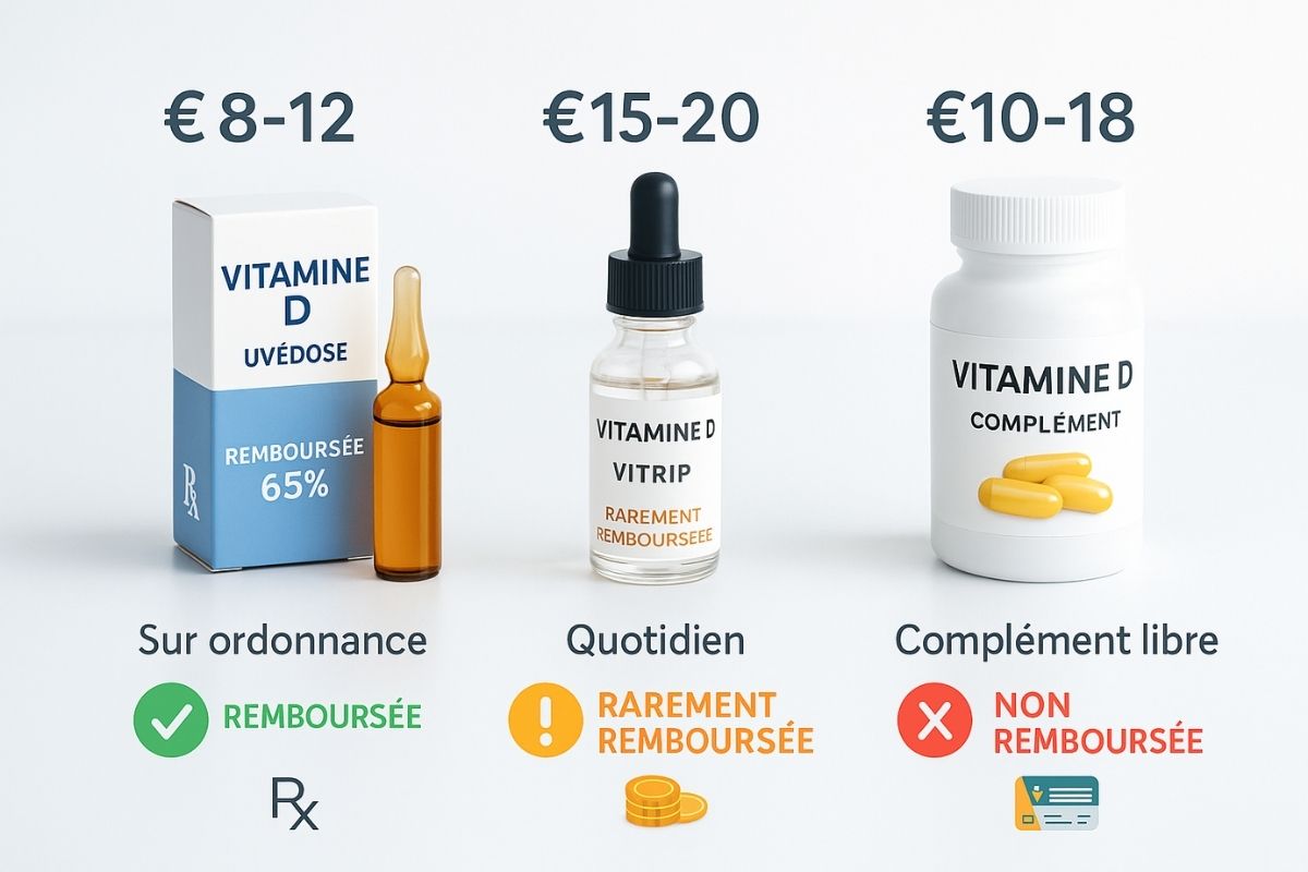 Infographie comparative des trois formes de vitamine D : ampoules remboursées 65%, gouttes quotidiennes rarement remboursées, compléments alimentaires non remboursés avec prix