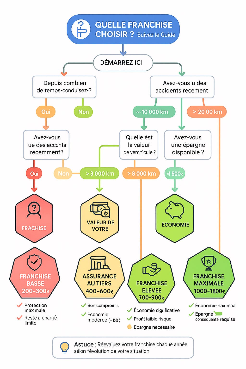 Arbre de décision interactif guidant vers la franchise d'assurance auto idéale selon expérience de conduite, kilométrage, valeur véhicule et épargne disponible