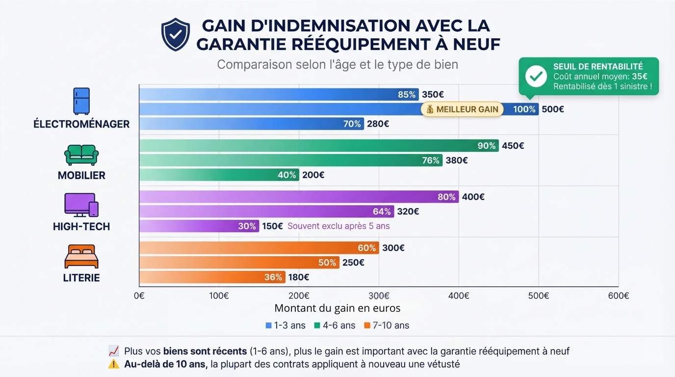 Graphique barres gain indemnisation garantie rééquipement neuf par catégorie produit et âge électroménager mobilier high-tech literie montrant rentabilité selon ancienneté